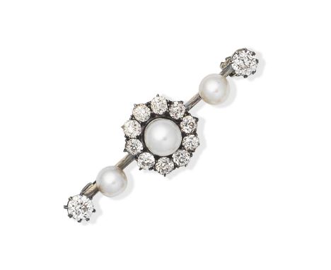 PEARL AND DIAMOND BAR BROOCH,  CIRCA 1900The central 6.9 x 7.9mm natural pearl within an old brilliant-cut diamond surround, 
