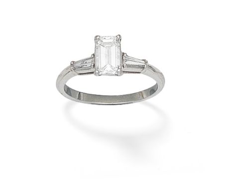 DIAMOND SINGLE-STONE RINGThe step-cut diamond between tapered baguette-cut shoulders,  principal diamond approx. 0.90ct total