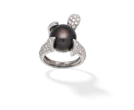 CULTURED PEARL AND DIAMOND RINGThe 12.5mm cultured pearl of grey tint, within a foliate surround set with brilliant-cut diamo