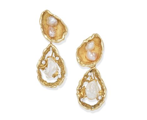 JOHN DONALD: CULTURED PEARL AND DIAMOND PENDENT EARRINGS, 1968Set with cultured baroque pearls, the removable pendants accent