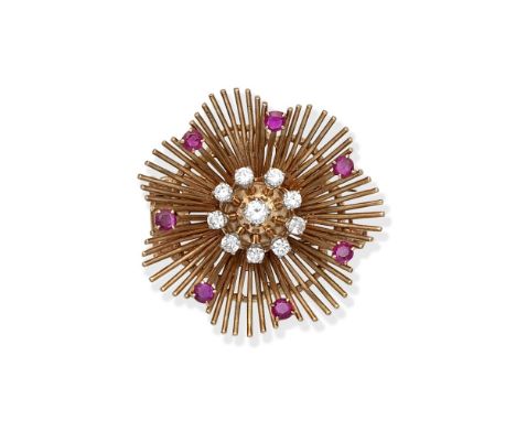 CULTURED PEARL AND DIAMOND NECKLACE AND DIAMOND AND RUBY-SET BROOCH1st: The necklace of swag design, set with old brilliant-c
