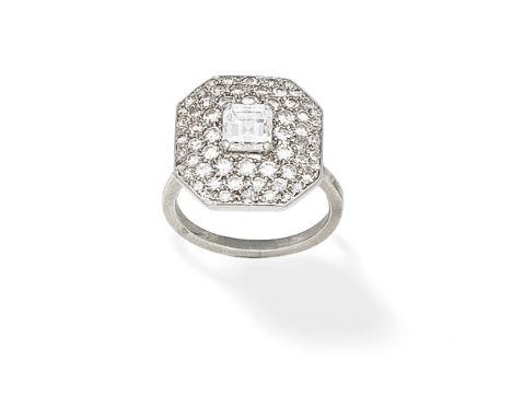DIAMOND PLAQUE RINGThe central step-cut diamond within a pavé-set brilliant-cut diamond surround, principal diamond approx. 1