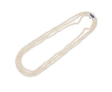 CULTURED PEARL NECKLACE WITH SAPPHIRE AND DIAMOND CLASPThe three graduated rows of 5.8-9.0mm cultured pearls, on a clasp set 