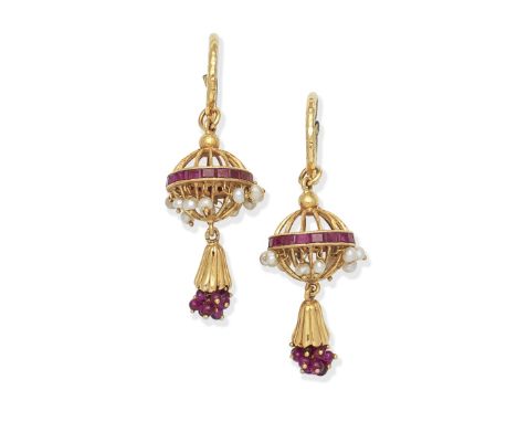 RUBY AND SEED PEARL PENDENT EARRINGSEach set with step-cut rubies, ruby beads and seed pearl tassels,  length 6.0cmFor furthe
