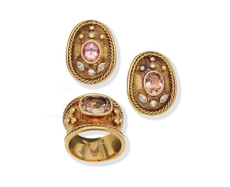 TOURMALINE AND DIAMOND-SET EARRINGS AND RINGThe ring set with a cushion-shaped pink tourmaline, within a wide band of texture
