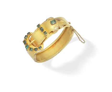 EMERALD-SET BUCKLE BANGLE, LATE 19TH CENTURYThe hinged bangle, set with step-cut emeralds, mounted in gold, inner circumferen