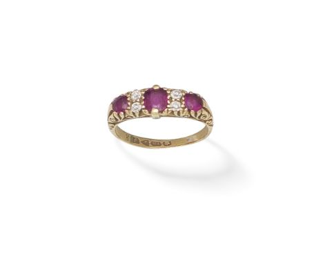 RUBY AND DIAMOND FIVE-STONE RINGSet with cushion-shaped rubies and cushion-shaped diamonds, mounted in 18 carat gold, partial