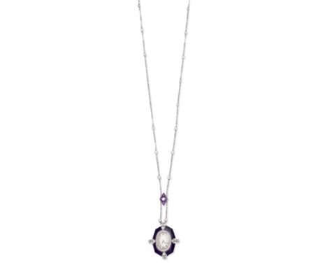 AMETHYST AND DIAMOND LONGCHAIN/WATCHThe oval, cream dial with Arabic hourmarkers, within a faceted amethyst case, accented wi