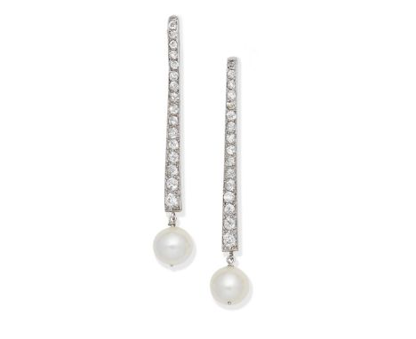 CULTURED PEARL AND DIAMOND EARRINGSEach with a 9.5-10.0mm cultured pearl, suspended from a row of cushion and old brilliant-c