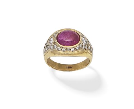 RUBY AND DIAMOND RINGThe ruby cabochon, within a brilliant-cut diamond surround and shoulders, ring size approx. OFor further