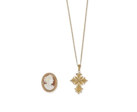 CROSS PENDANT NECKLACE AND SHELL CAMEO BROOCH1st: The pendant of wirework and filigree design, 2nd: The shell cameo carved to