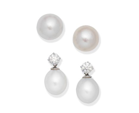 CULTURED PEARL AND DIAMOND PENDENT EARRINGS AND CULTURED PEARL EARSTUDS1st: Each with a 11.5mm or 11.7mm cultured pearl suspe