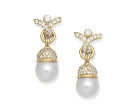 CULTURED PEARL AND DIAMOND PENDENT EARRINGS, 1988Each 2.8mm cultured pearl suspended from a brilliant-cut diamond surmount, m