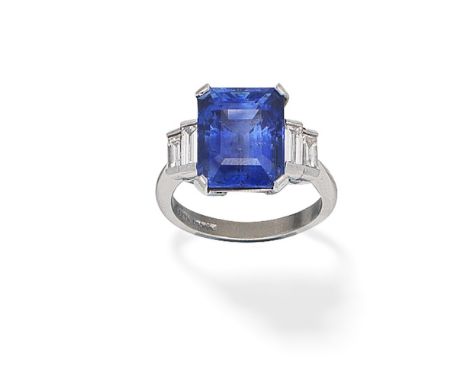 SAPPHIRE AND DIAMOND RING, 2014The rectangular step-cut sapphire, between baguette-cut diamond shoulders, mounted in platinum