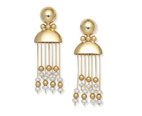 CULTURED PEARL-SET PENDENT EARRINGSEach polished surmount suspending seven tassels set with cultured pearls and polished bead