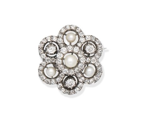 PEARL AND DIAMOND BROOCHOf openwork floral design, set with cushion-shaped and old brilliant-cut diamonds, with pearl accents