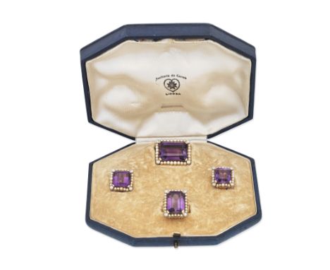AMETHYST, DIAMOND AND SEED PEARL BROOCH, RING AND EARRING SUITEThe step-cut amethyst within a surround of seed pearls, with a