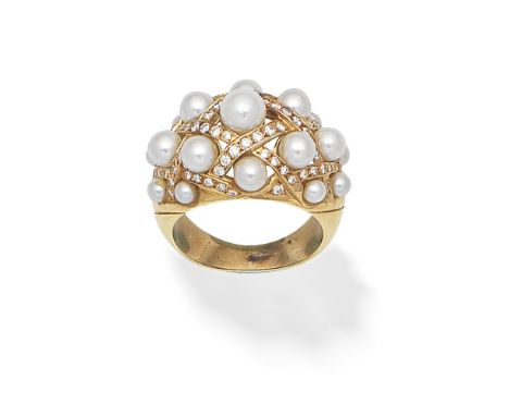 CULTURED PEARL AND DIAMOND RINGOf bombé design, set with cultured pearls within a brilliant-cut diamond latticework mount, Fr