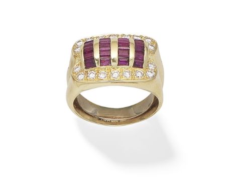 RUBY AND DIAMOND DRESS RINGSet with rows of calibré-cut rubies within a pavé-set brilliant-cut diamond surround, ring size ap
