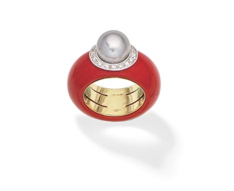 CULTURED PEARL AND DIAMOND RINGThe 10.0mm cultured pearl of grey tint, within a brilliant-cut diamond surround and red resin 