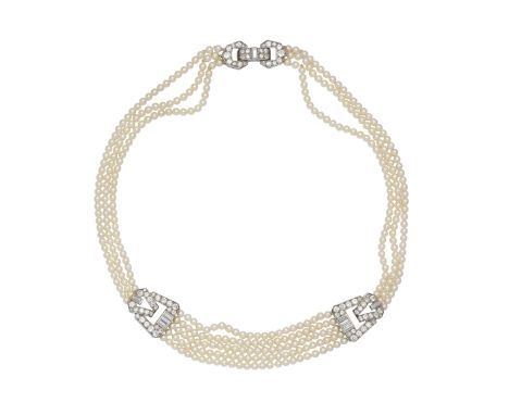 CULTURED PEARL AND DIAMOND NECKLACEThe front with five strands of 3.1mm cultured pearls, between two openwork plaques of geom