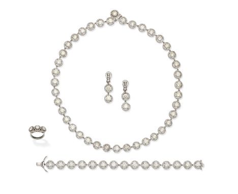 DIAMOND NECKLACE, BRACELET, EARRING AND RING SUITEDesigned as a series of brilliant-cut diamond clusters, the bracelet, earri