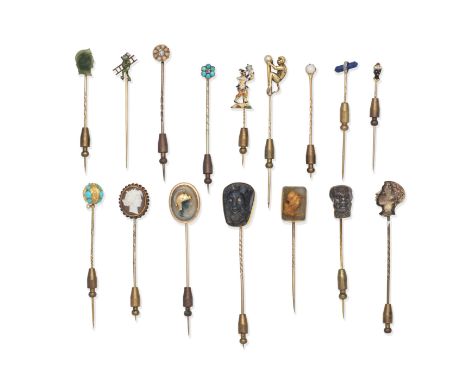 COLLECTION OF ASSORTED STICK PINSIncluding carved agate, labradorite, mother-of-pearl cameo stick pins, turquoise, lapis lazu