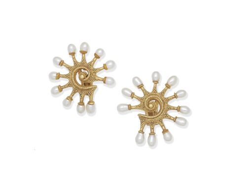 CULTURED PEARL-SET EARCLIPSEach spiral with granulation detail, issuing a radiating series of 4.0mm x 5.0mm-6.0mm cultured pe