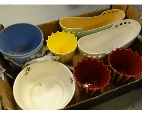 Box of various ceramic planters including Wedgwood Jasperware etc
