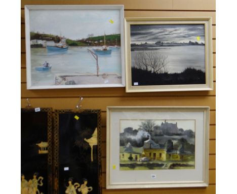 Framed watercolour of cottages, signed 'Bridge' together with an oil on canvas by R G HUTCHINGS & a Cornish port scene, signe