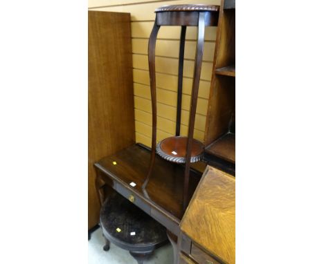 A vintage polished wood console table with centre drawer & cabriole legs together with a mahogany jardiniere & small circular