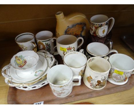 A tray of various Royal commemorative mugs & dishes including three Victorian together with Coalport & Spode