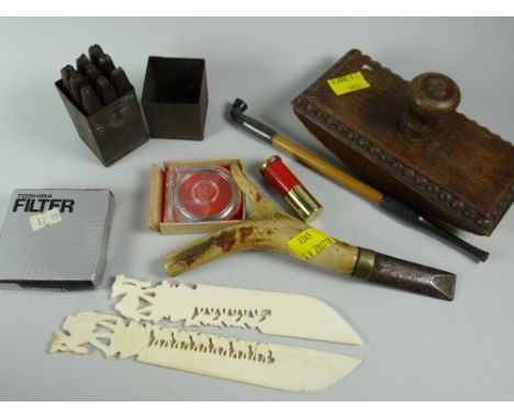 Parcel of curios including blotter, pipe, bone stick handle etc