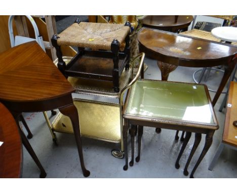 Parcel of furniture to include reproduction nest of three tables, two reproduction demi-lune console tables, stool & metal te