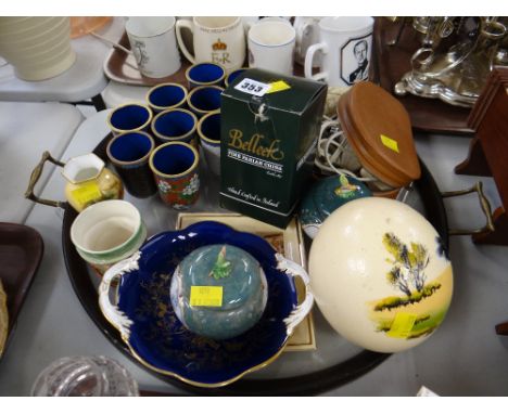 Circular glass tray, Coalport dish, small Aynsley 'Orchard Gold' vase, cloisonne-style drinking cups etc