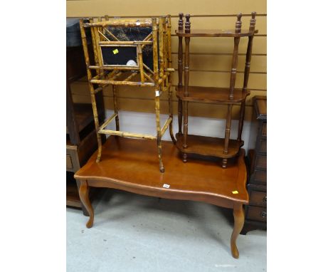 A dark wood Long John coffee table, small whatnot, bamboo decorated magazine rack with shelf