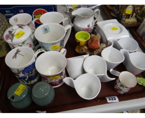 Tray of mixed china including mugs, coffee cups & saucers, Denby condiments etc