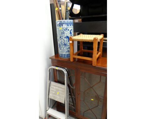 Blue & white ceramic stick stand & contents, small rush stool & small aluminium stepladder