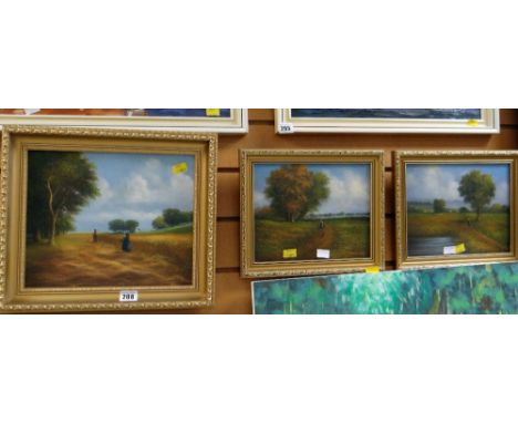Three framed oils on board by R WITCHARD of figures in rural settings