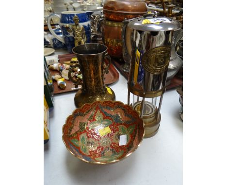 A reproduction miner's lamp & two pieces of modern decorated brass ware