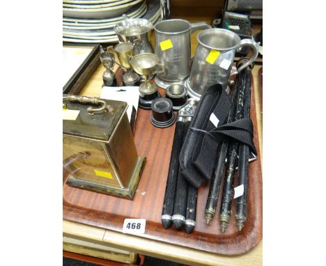 A marble effect mantel clock, pewter tankards camera stands etc