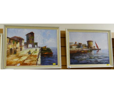 Two framed oils on board by R WITCHARD, Mediterranean port scenes