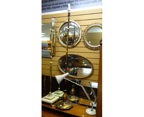 An anglepoise-style desk lamp, a brass effect & marble standard lamp together with another