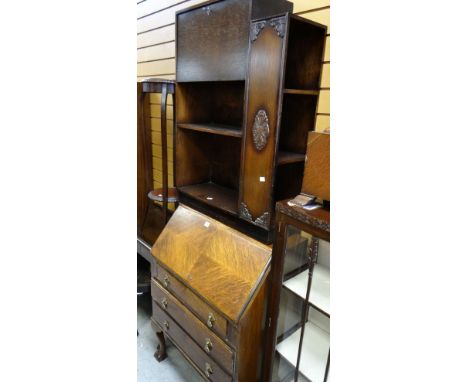 A neat vintage oak drop down bureau on raised ball & claw feet together with a small narrow oak shelf & desk unit