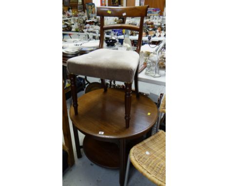 A circular mahogany coffee table with lower shelf & fretwork decoration together with a mahogany hall chair