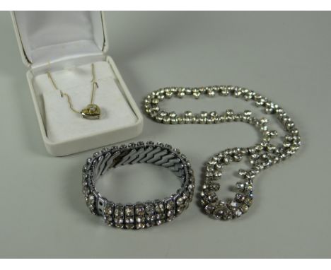 A paste set bracelet & necklace with 14ct gold chain & heart shaped pendant