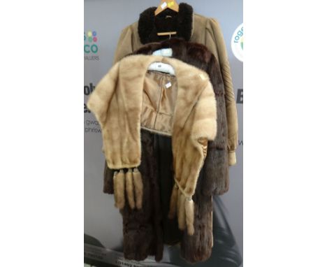 A chocolate brown full length fur coat together with a light fur fringed stole & vintage ladies' full length suede coat
