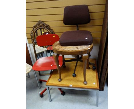 A parcel of furniture including small metal leg square coffee table, rattan seated stool, mirror & screen etc