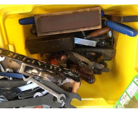 A mixed box of tools, to include various spanners, knife sharpener, chisels; together with wood planes: Record, Stanley, and 