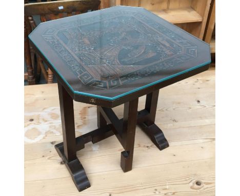 A small carved Chinese occasional table, 35cm2; together with a teak index filing drawer 